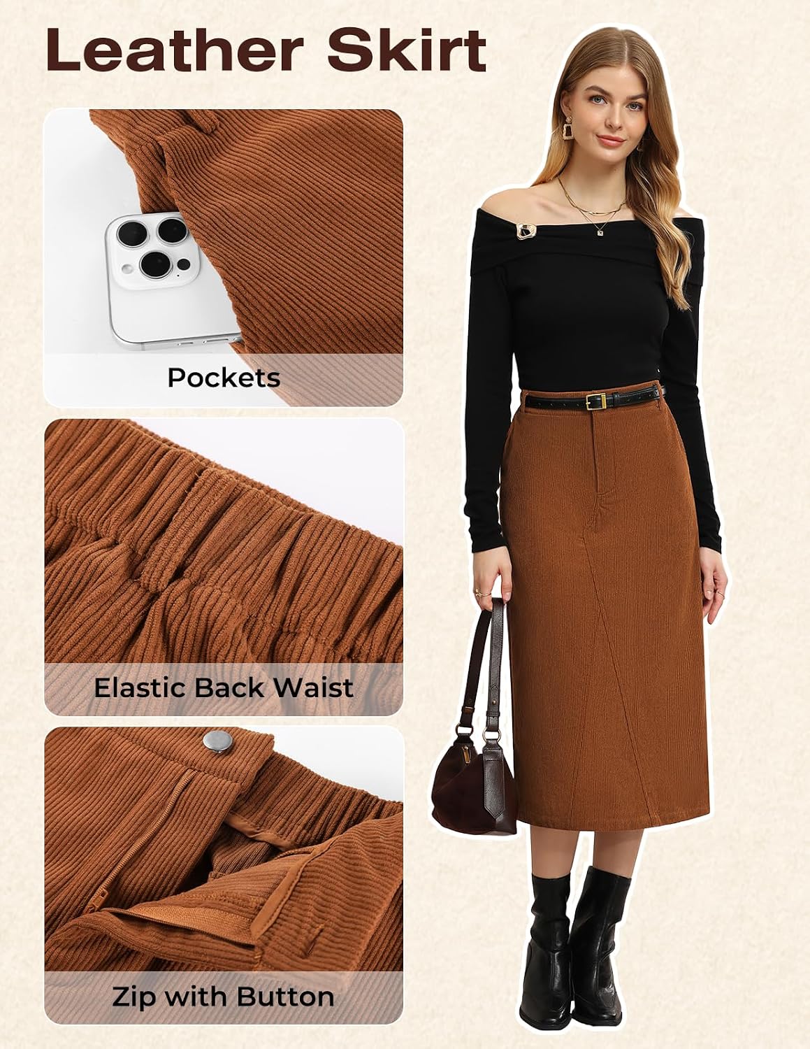 Kate Kasin Women Corduroy Midi Skirts, Fall High Waist Skirt with Pockets