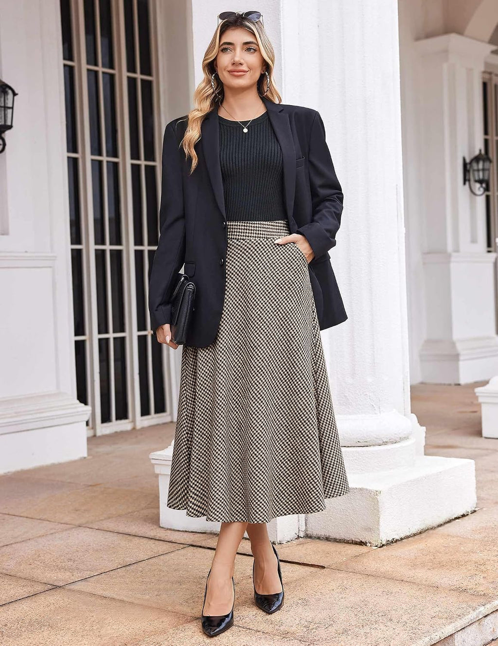 Zeagoo Plaid Skirts for Women Elastic Waist Aline Tartan Skirt with Pockets