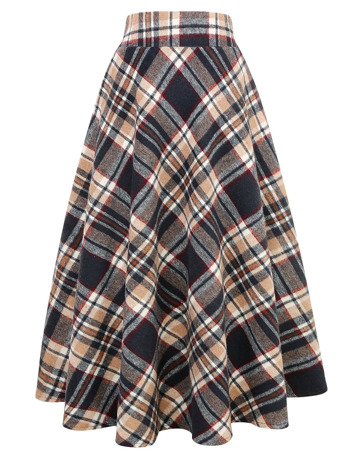 IDEALSANXUN Womens Plaid Wool Skirts Elastic Waist A-Line Pleated Tartan Long Skirts