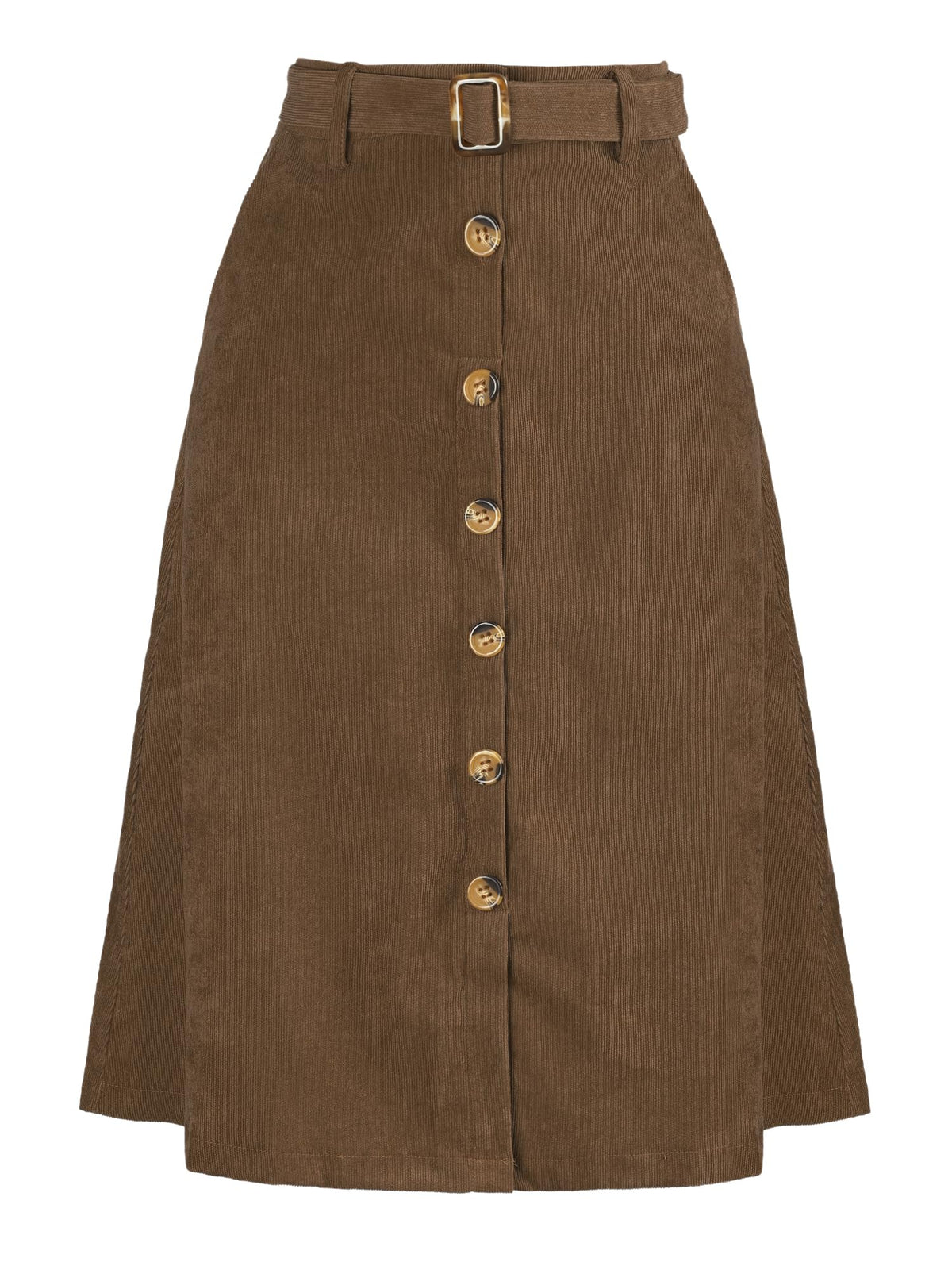 Allegra K Women's Button Front High Waist A-Line Belted Corduroy Midi Skirt