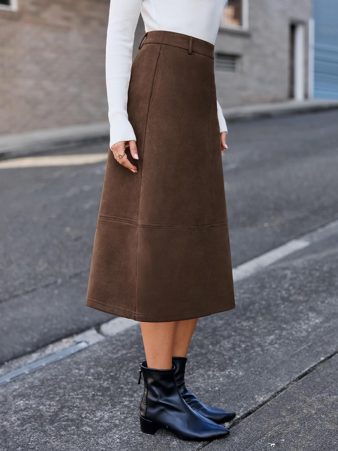 Simplee Womens Faux Suede Midi Skirts 2026 Fall Outfits Long A Line Skirt