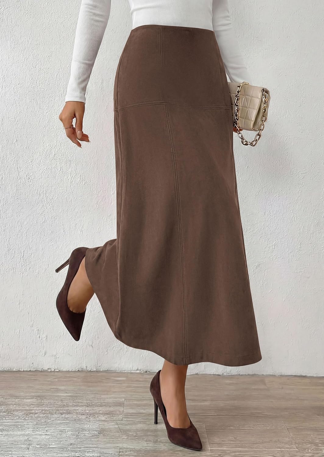PRETTYGARDEN Womens High Waist Faux Suede A Line Midi Skirt