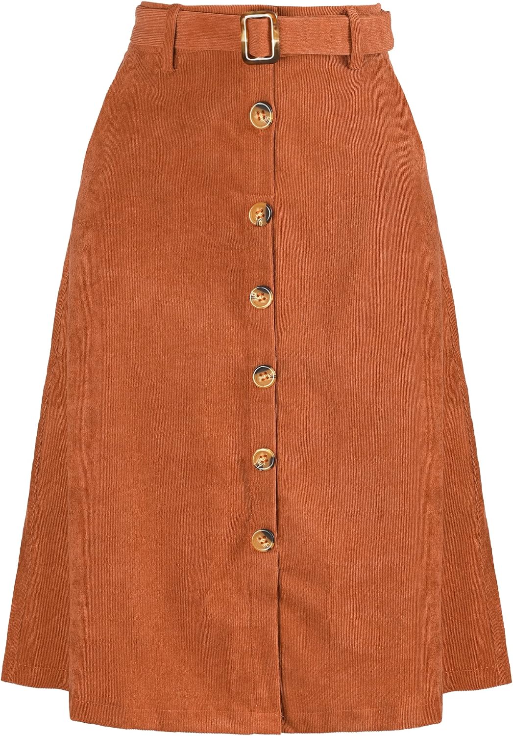 Allegra K Women's Button Front High Waist A-Line Belted Corduroy Midi Skirt