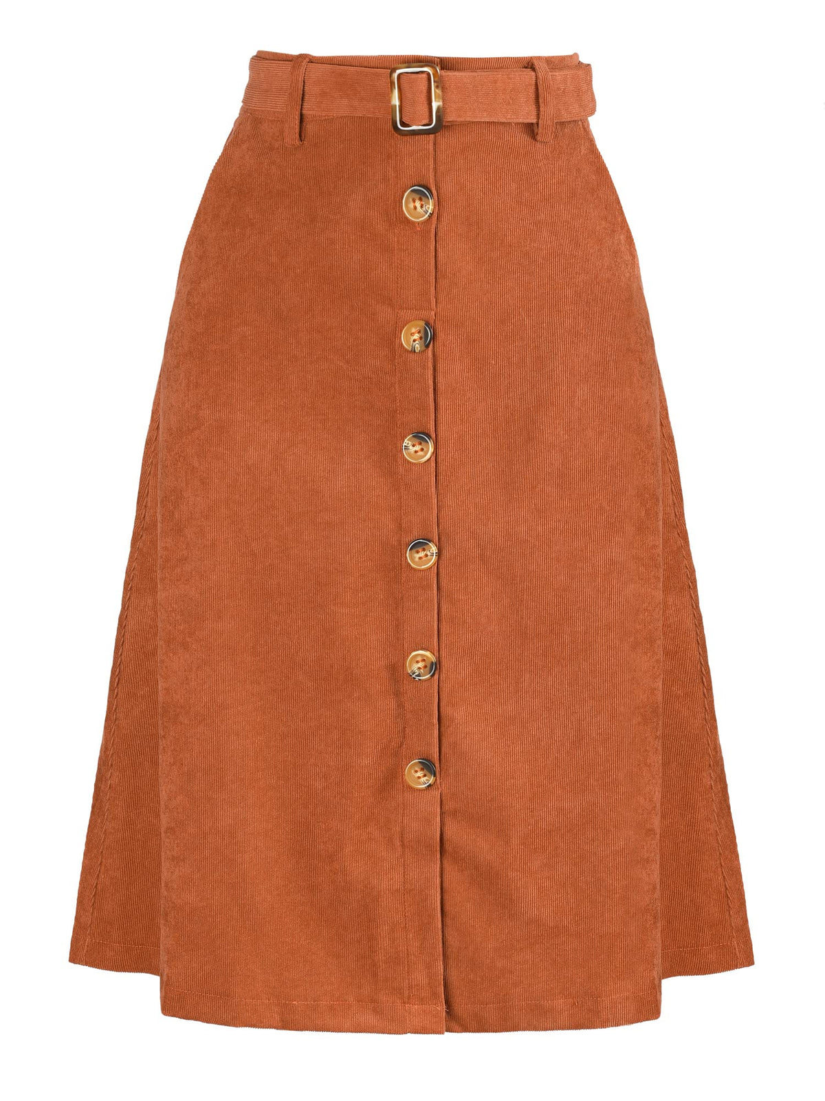 Allegra K Women's Button Front High Waist A-Line Belted Corduroy Midi Skirt