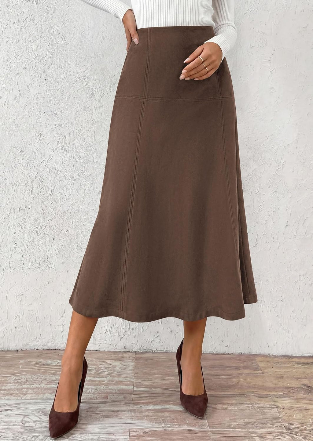 PRETTYGARDEN Womens High Waist Faux Suede A Line Midi Skirt