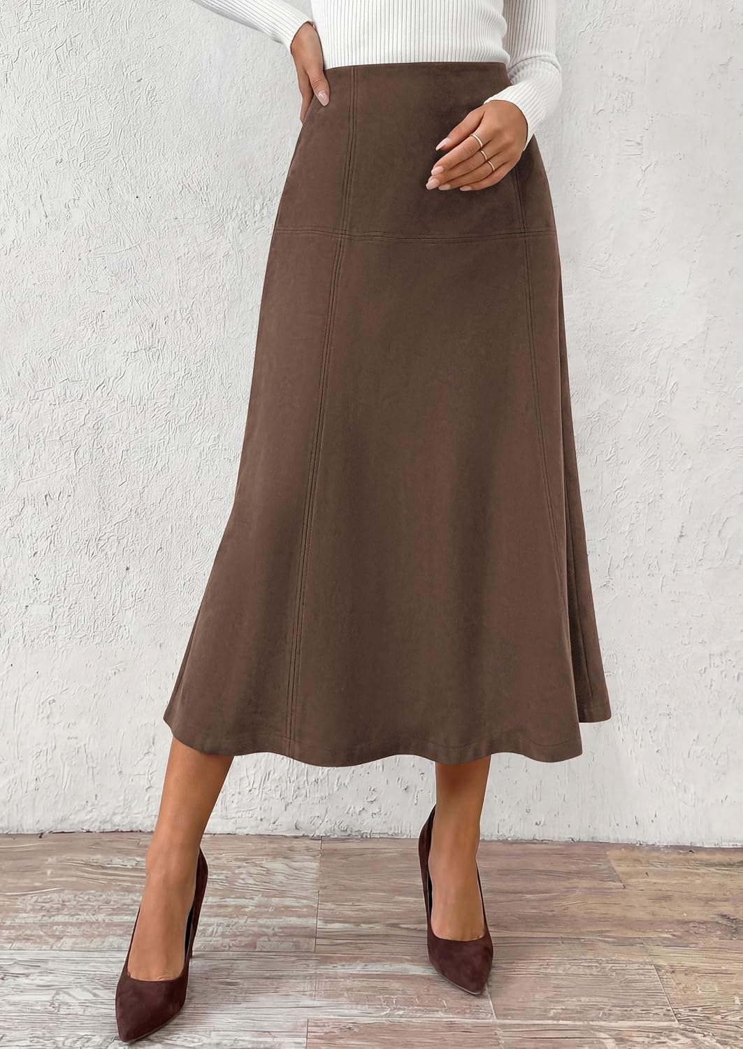 PRETTYGARDEN Womens High Waist Faux Suede A Line Midi Skirt