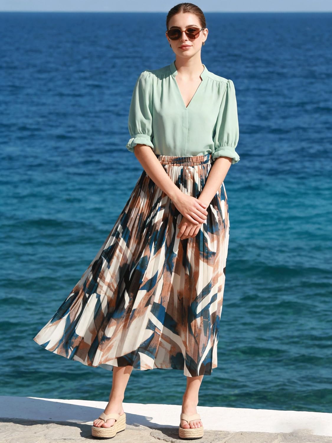 Kingfancy Women's Pleated Skirt A-Line Midi Skirts