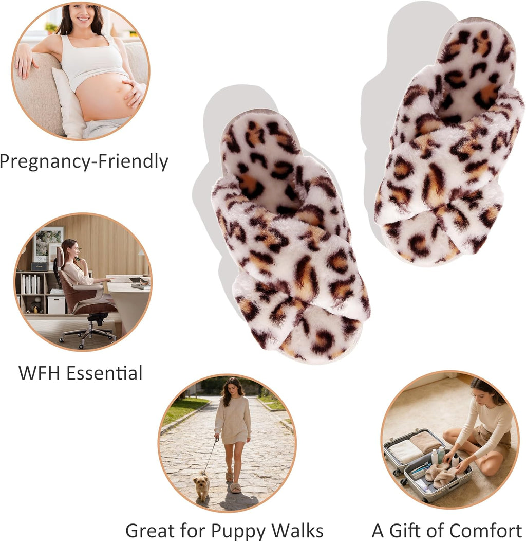 Crazy Lady Womens Fuzzy House Slippers Cross Band Memory Foam Sandals