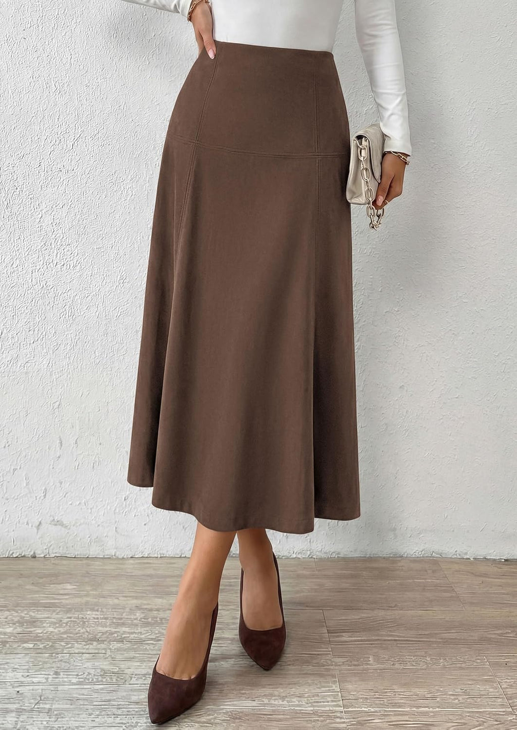 PRETTYGARDEN Womens High Waist Faux Suede A Line Midi Skirt