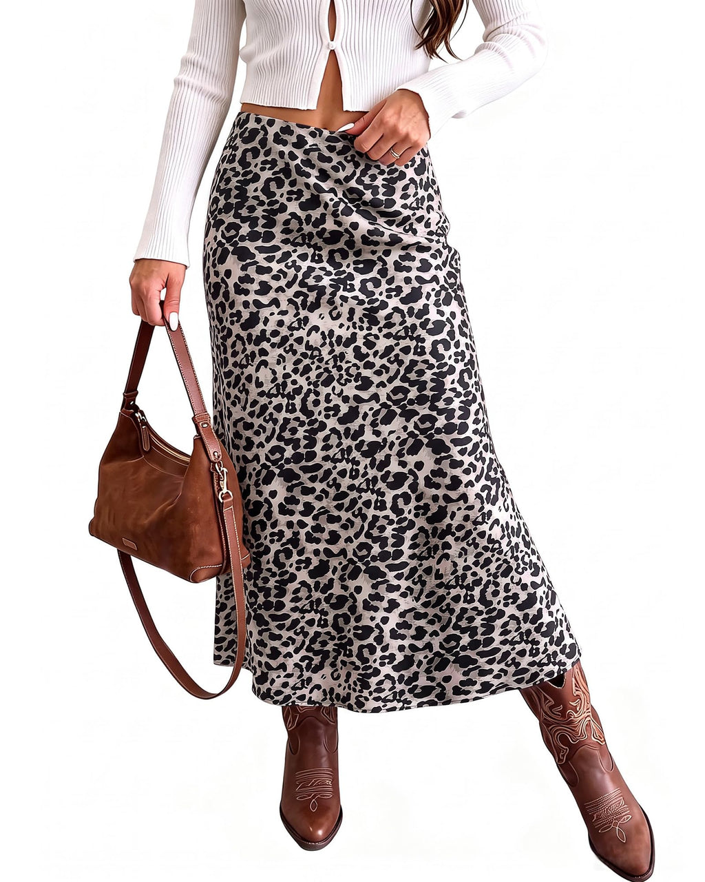 luvamia Women Satin Skirt Leopard Print Maxi Long Stretchy Elastic Skirts