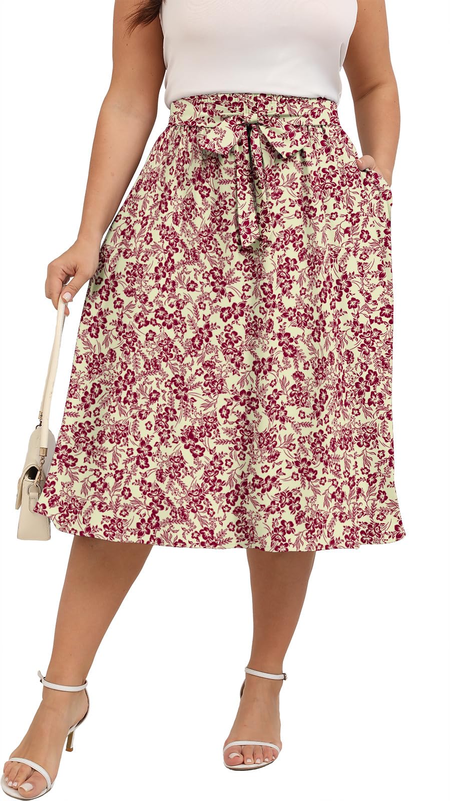 Xpenyo Womens Plus Size Midi Skirts Summer Elastic High Waisted Boho Casual Beach Flowy Swing Knee Length Skirts with Pockets