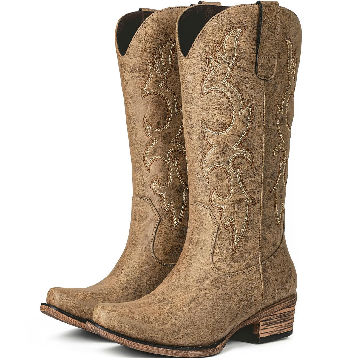 Choiran Cowboy Boots for Women - Mid Calf Cowgirl Boots Western Chunky Heel Pointed Toe Boot with Retro Embroidery, Country Concert Outfit Essentials for Rodeo Festival