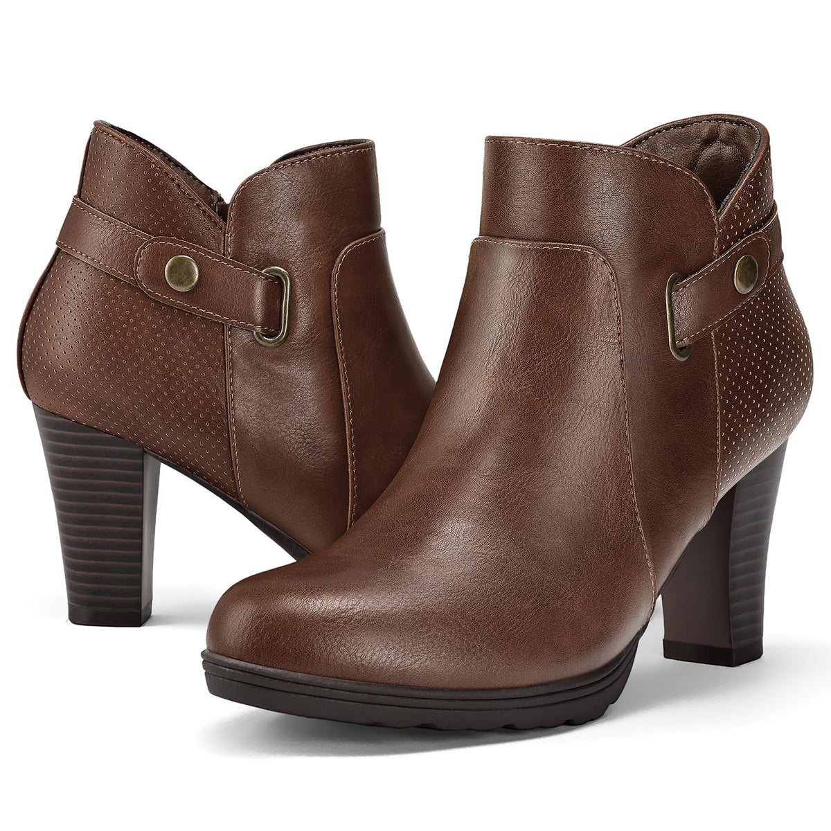 mysoft Women's Chunky Stacked Heel Ankle Boots Zipper Buckle Booties