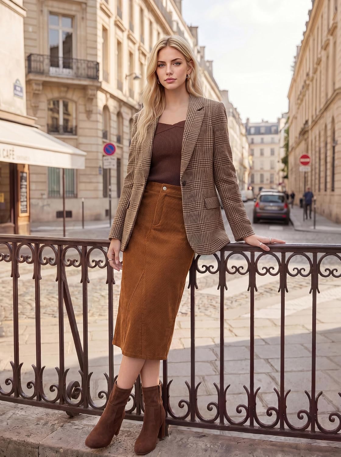 Kate Kasin Women Corduroy Midi Skirts, Fall High Waist Skirt with Pockets
