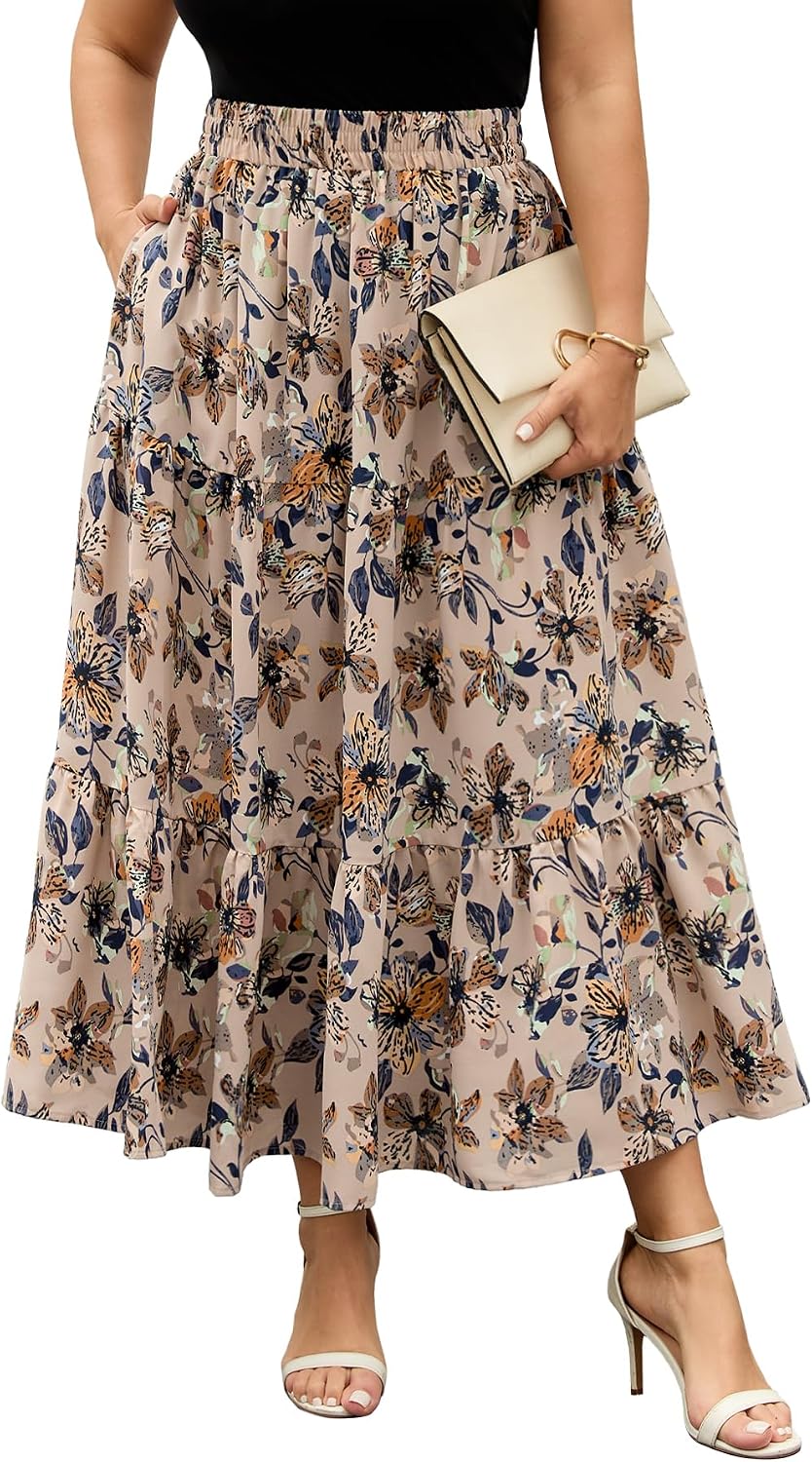 SHESTARR Women Plus Size Skirt Floral Tiered Maxi Skirts
