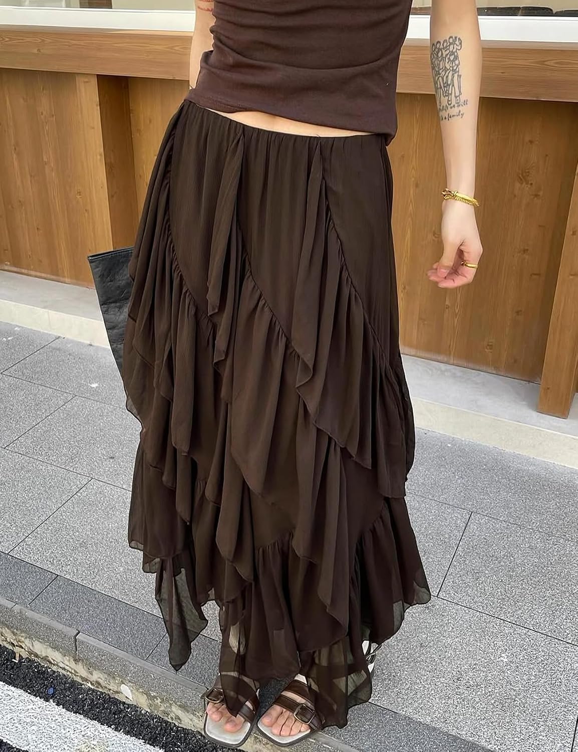 Women's Ruffle Maxi Skirt Long Flowy Layered Skirts Tiered Trendy Skirt