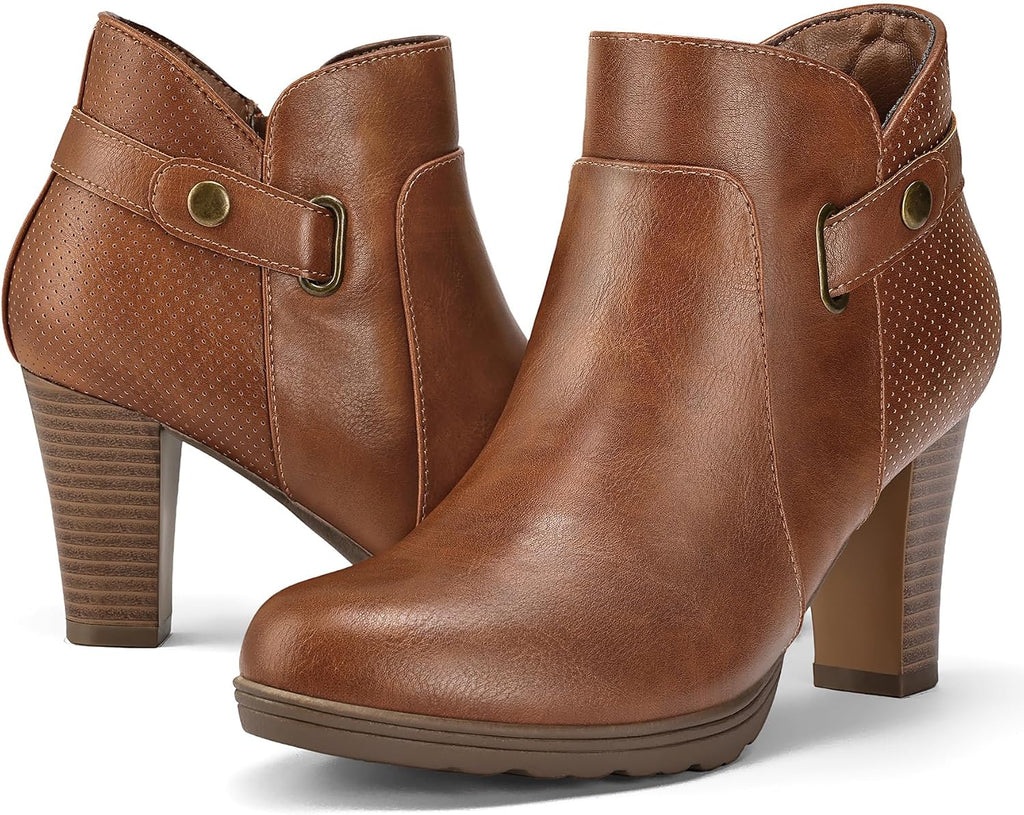 mysoft Women's Chunky Stacked Heel Ankle Boots Zipper Buckle Booties