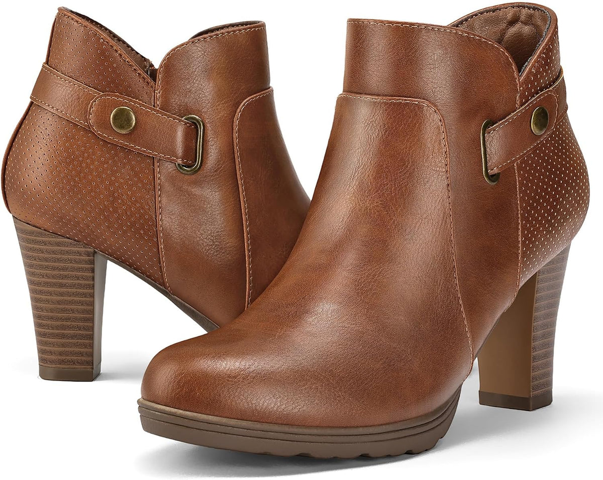 mysoft Women's Chunky Stacked Heel Ankle Boots Zipper Buckle Booties