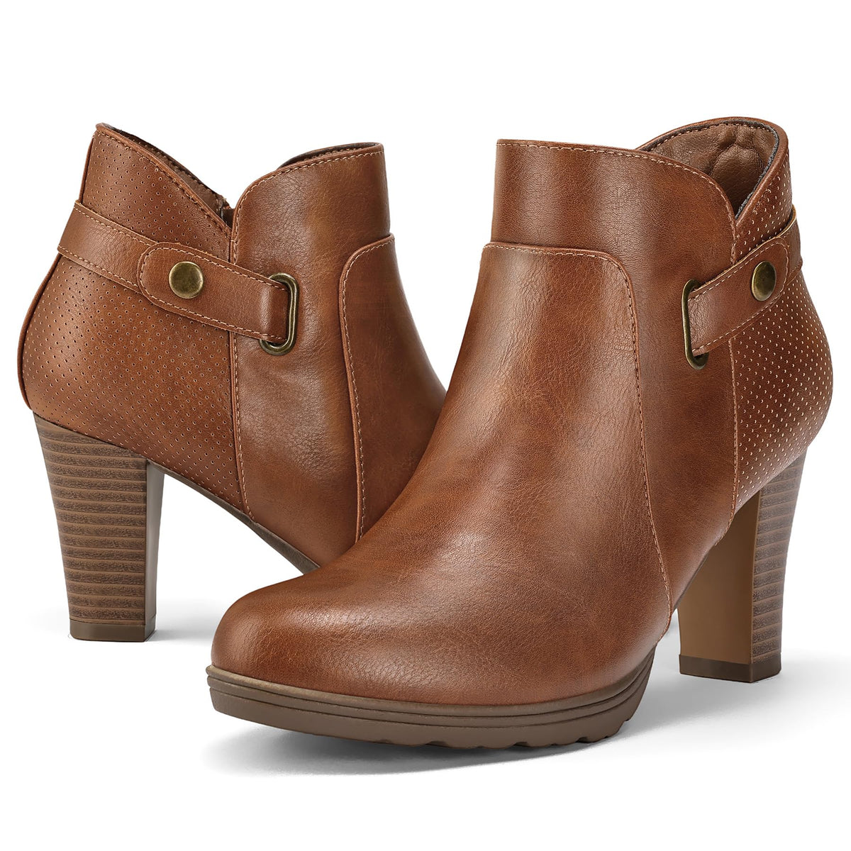 mysoft Women's Chunky Stacked Heel Ankle Boots Zipper Buckle Booties