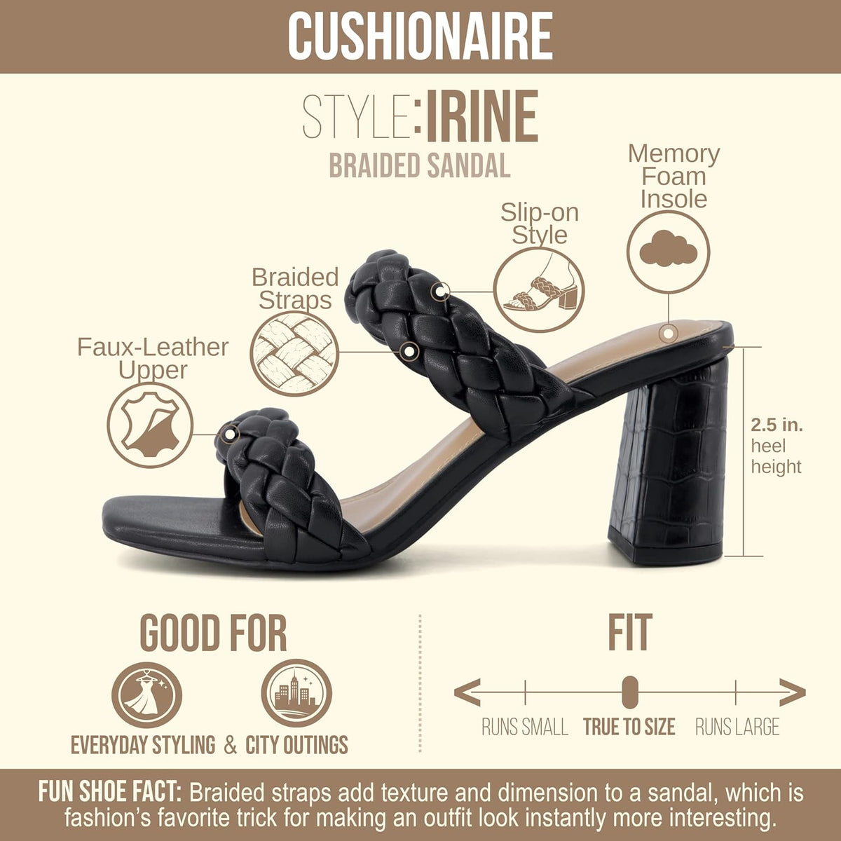 CUSHIONAIRE Irine Chunky Heels for Women, Braided Block Heel Sandals with Square Toe and Memory Foam