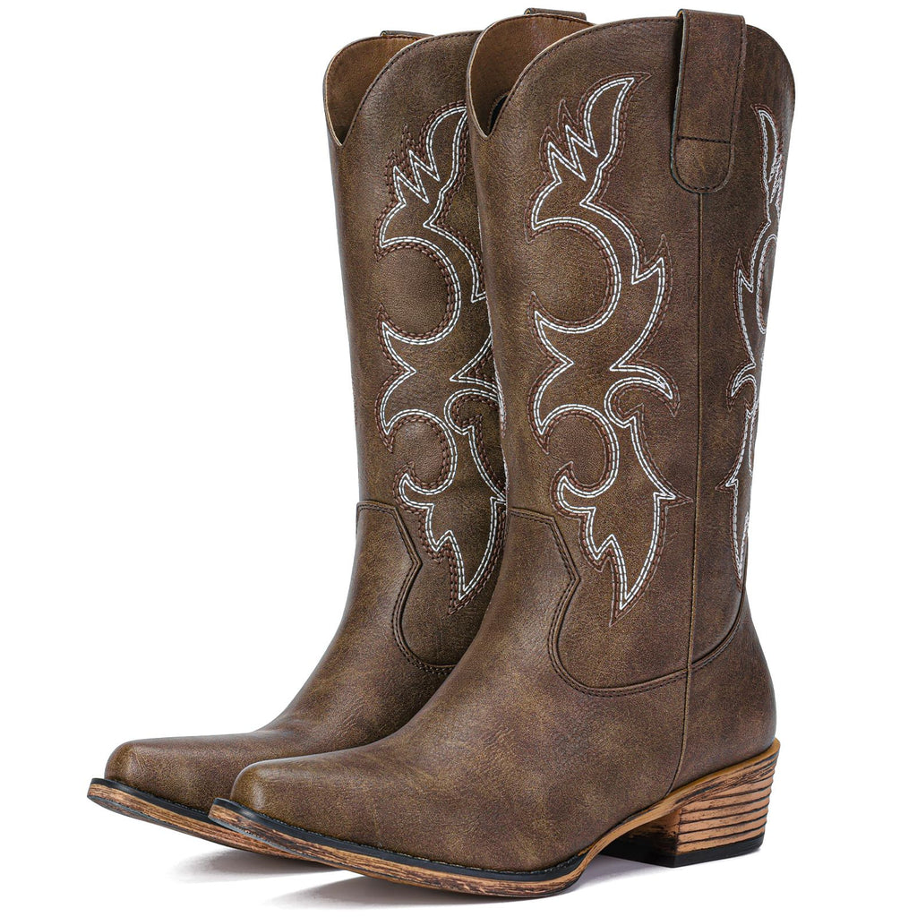 Choiran Cowboy Boots for Women - Mid Calf Cowgirl Boots Western Chunky Heel Pointed Toe Boot with Retro Embroidery, Country Concert Outfit Essentials for Rodeo Festival