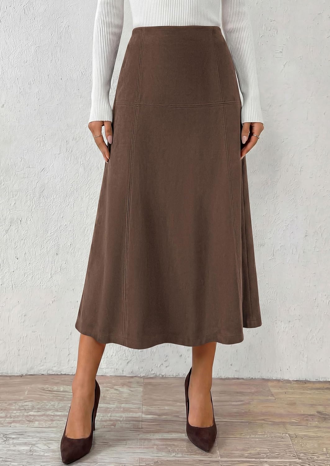 PRETTYGARDEN Womens High Waist Faux Suede A Line Midi Skirt