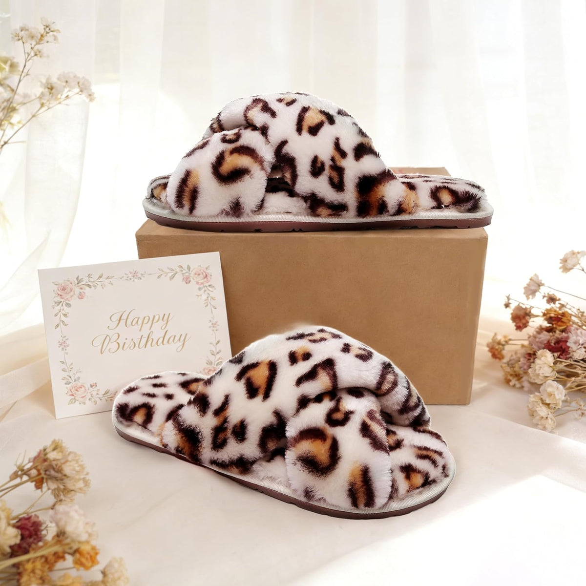 Crazy Lady Womens Fuzzy House Slippers Cross Band Memory Foam Sandals