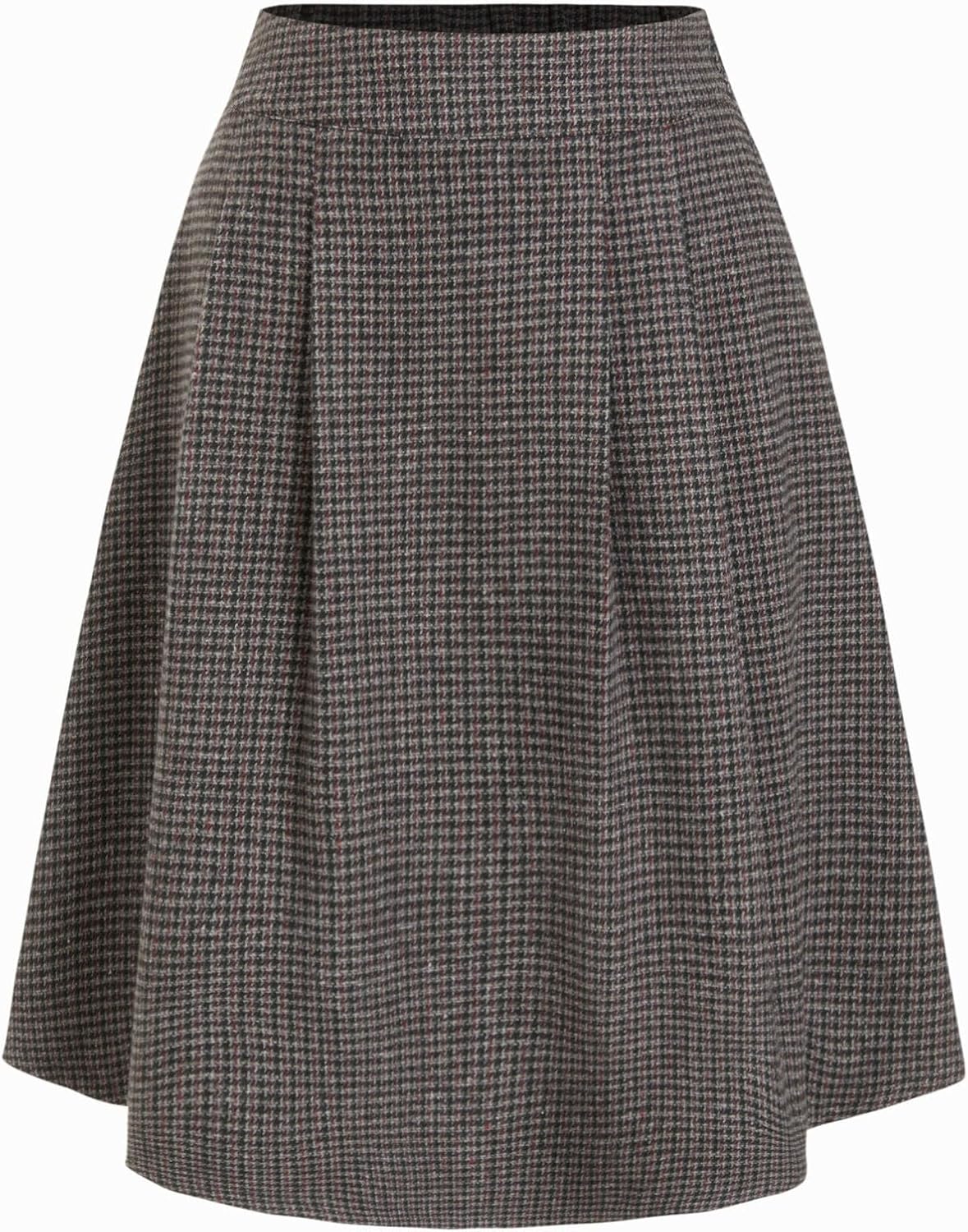CIDER Plaid Pleated Midi Skirt with Pockets Office Fall Skirt