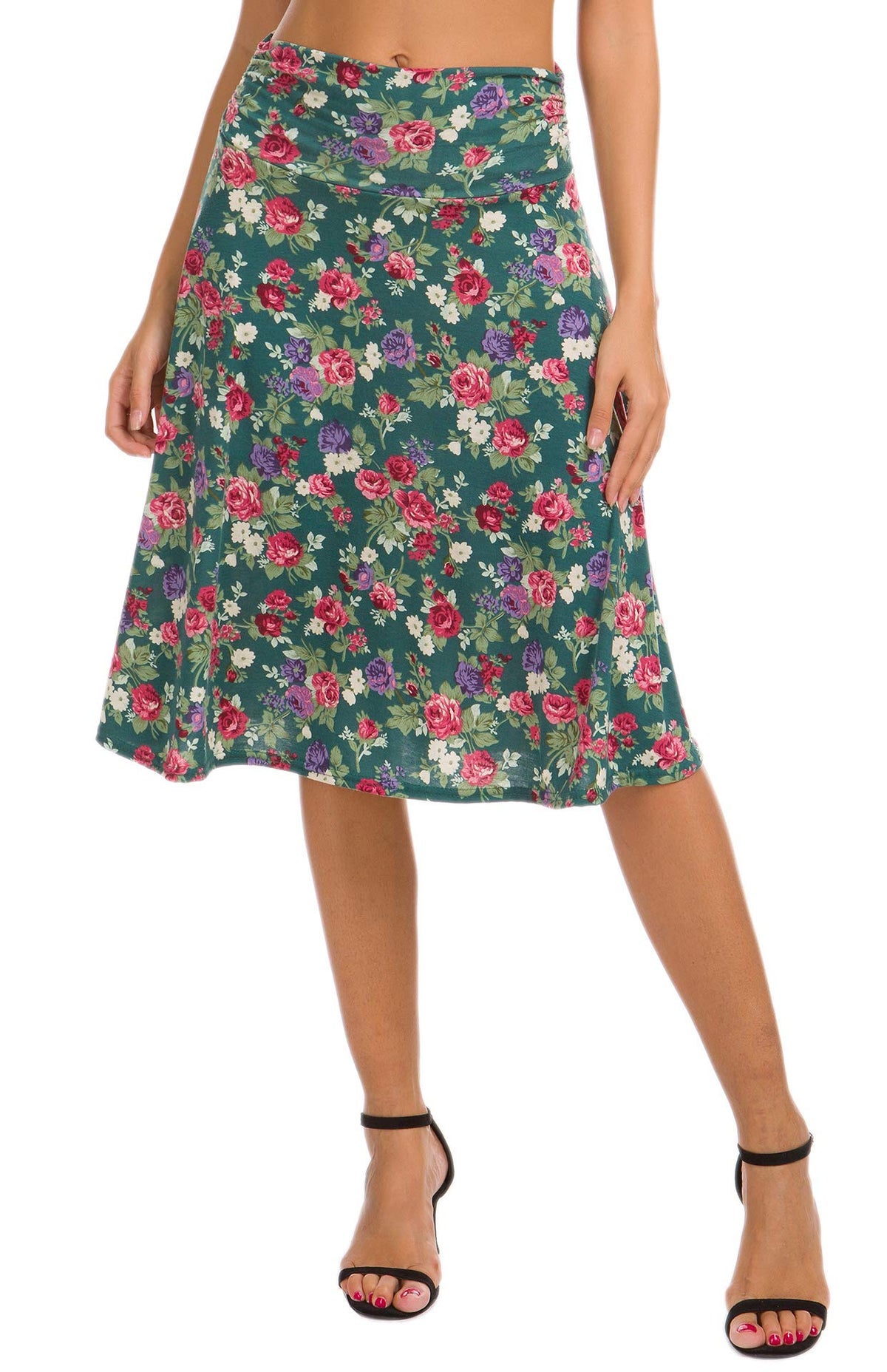 Urban CoCo Women's Ruched High Waist Knee Length Jersey A-Line Stretchy Flared Casual Skirt