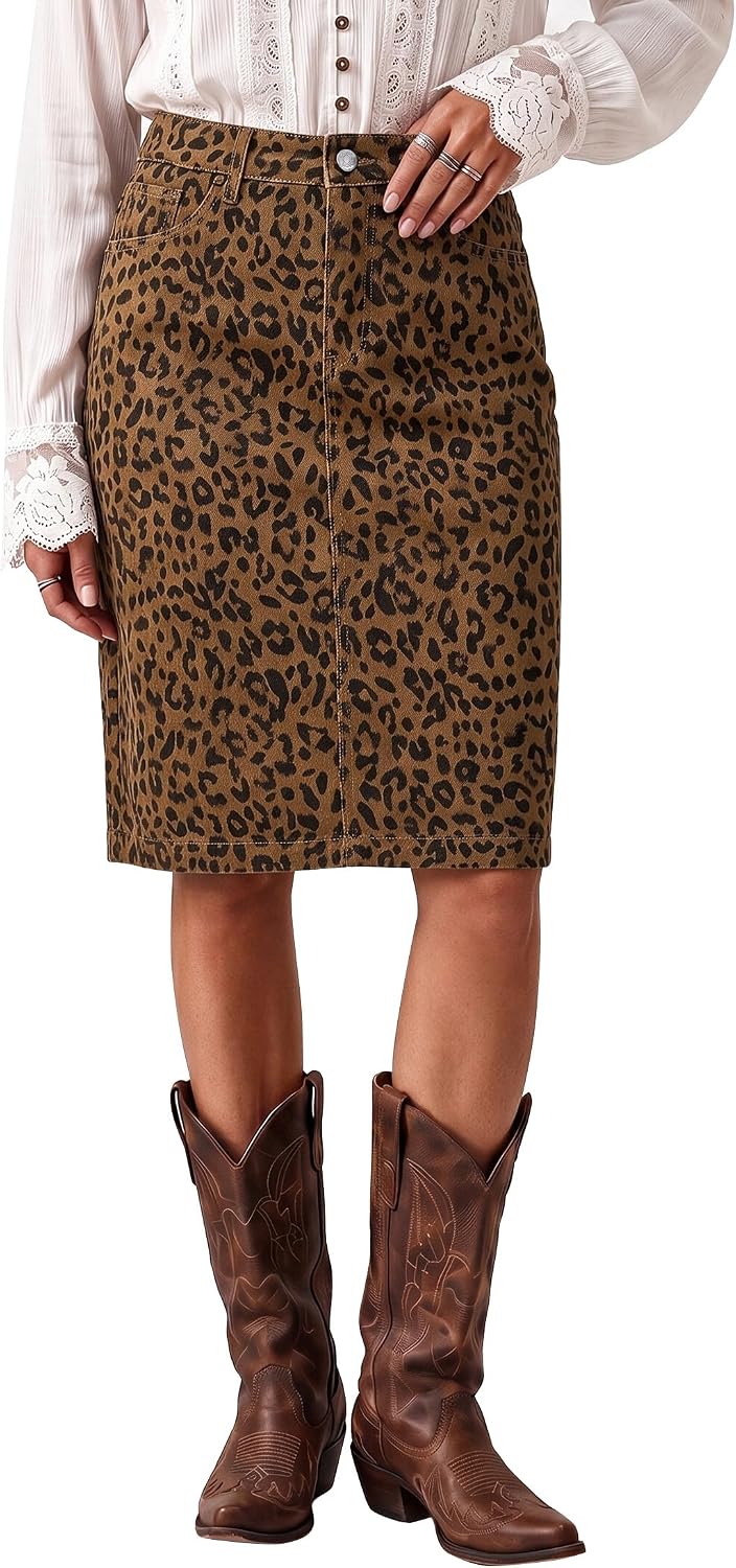 luvamia Leopard Midi Skirts for Women High Waisted A Line Denim Jean Skirt