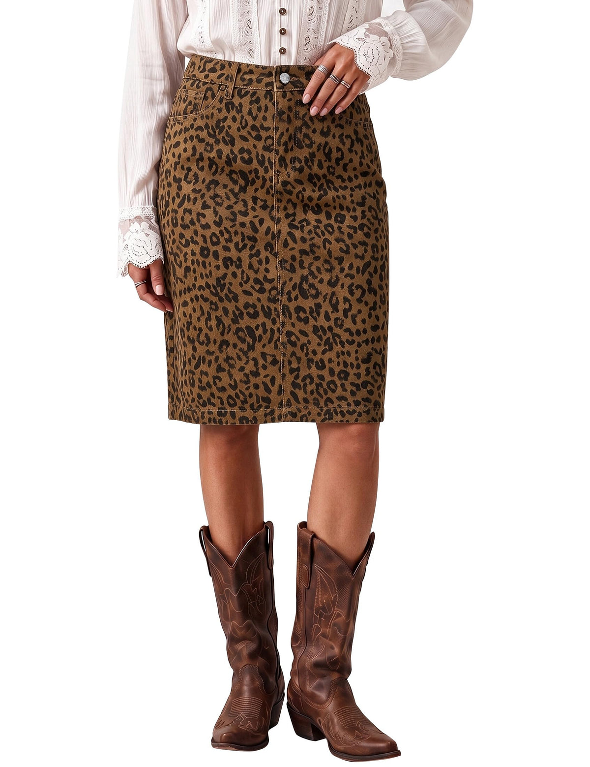 luvamia Leopard Midi Skirts for Women High Waisted A Line Denim Jean Skirt