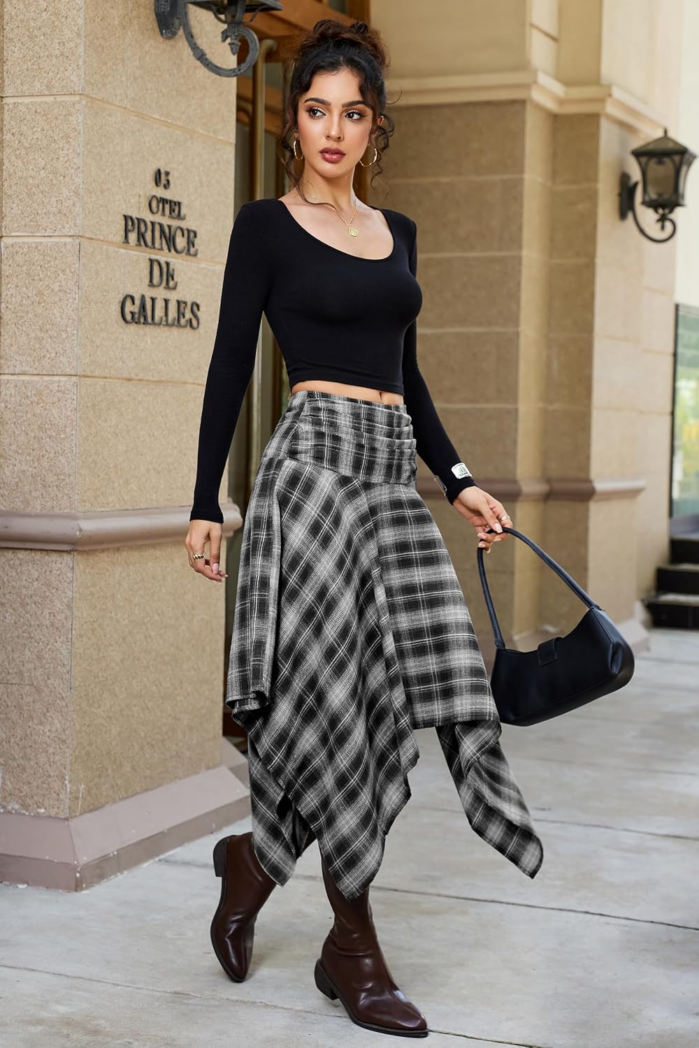 Bsubseach Women Asymmetrical Plaid Midi Skirt Y2k Handkerchief Fall Skirt