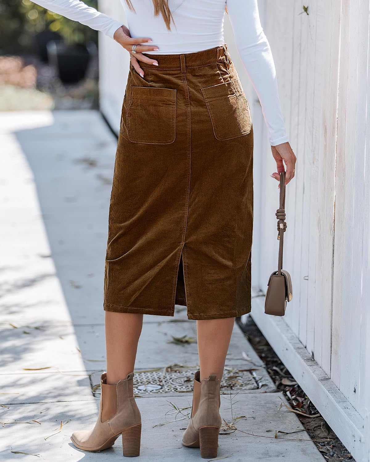 luvamia Corduroy Skirts for Women Midi Length High Waisted Trendy Fall Elastic Waist Casual Stretchy Welt Pockets Skirt