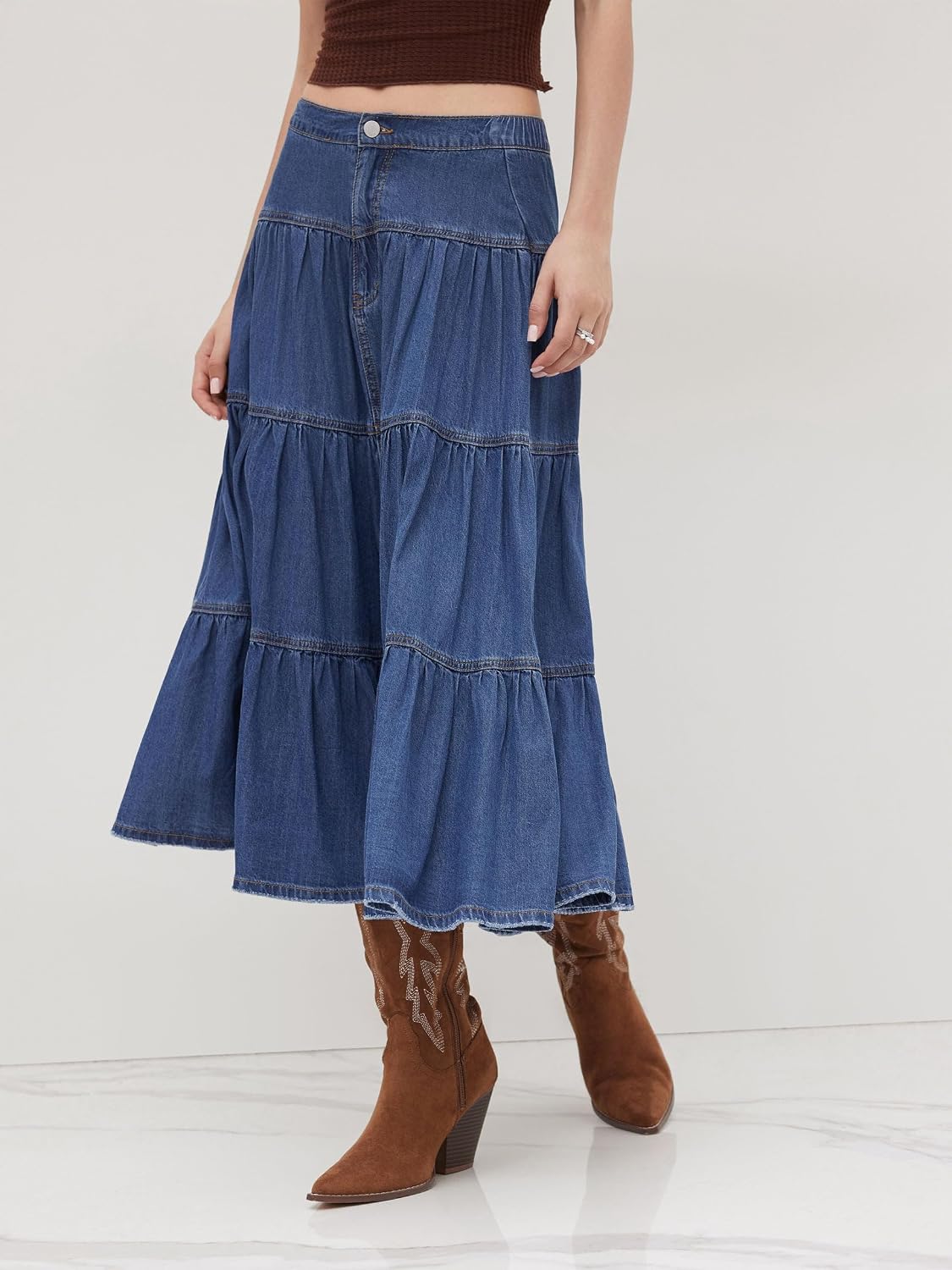 CIDER Womens Jean Long Skirts Tiered Denim High Elastic Waisted Western Cowgirl Midi Skirts
