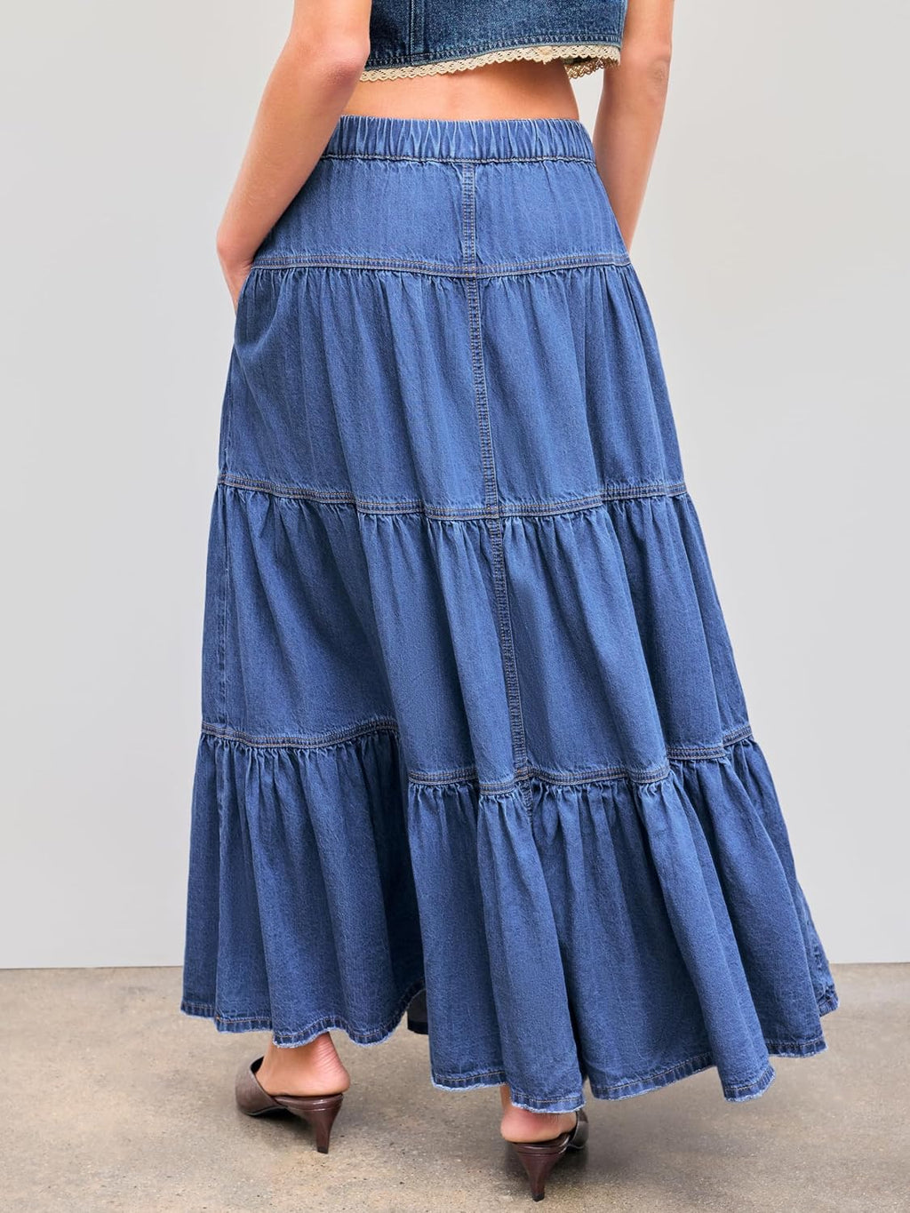 CIDER Womens Long Jean Denim Tiered Button Down High Waist Maxi Skirts