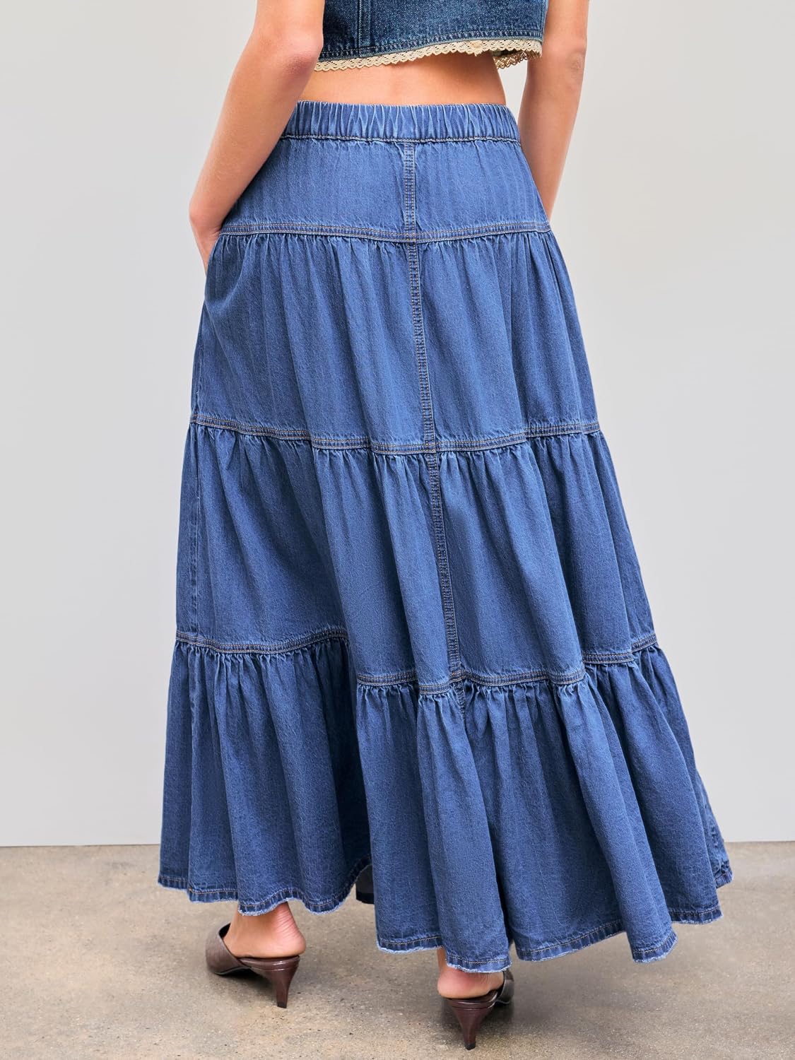 CIDER Womens Long Jean Denim Tiered Button Down High Waist Maxi Skirts