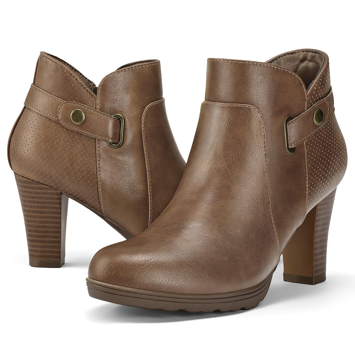 mysoft Women's Chunky Stacked Heel Ankle Boots Zipper Buckle Booties
