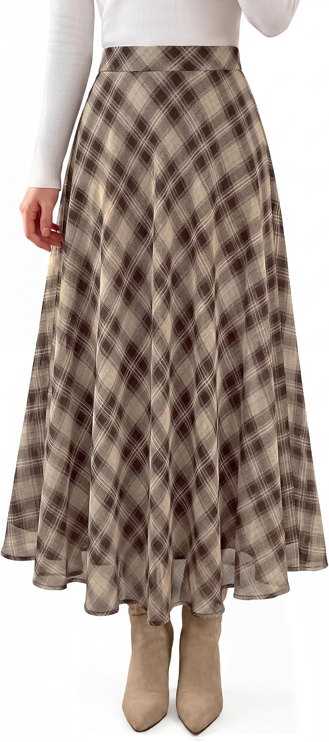 dowerme Casual A-Line Plaid Maxi Skirts for Women Trendy