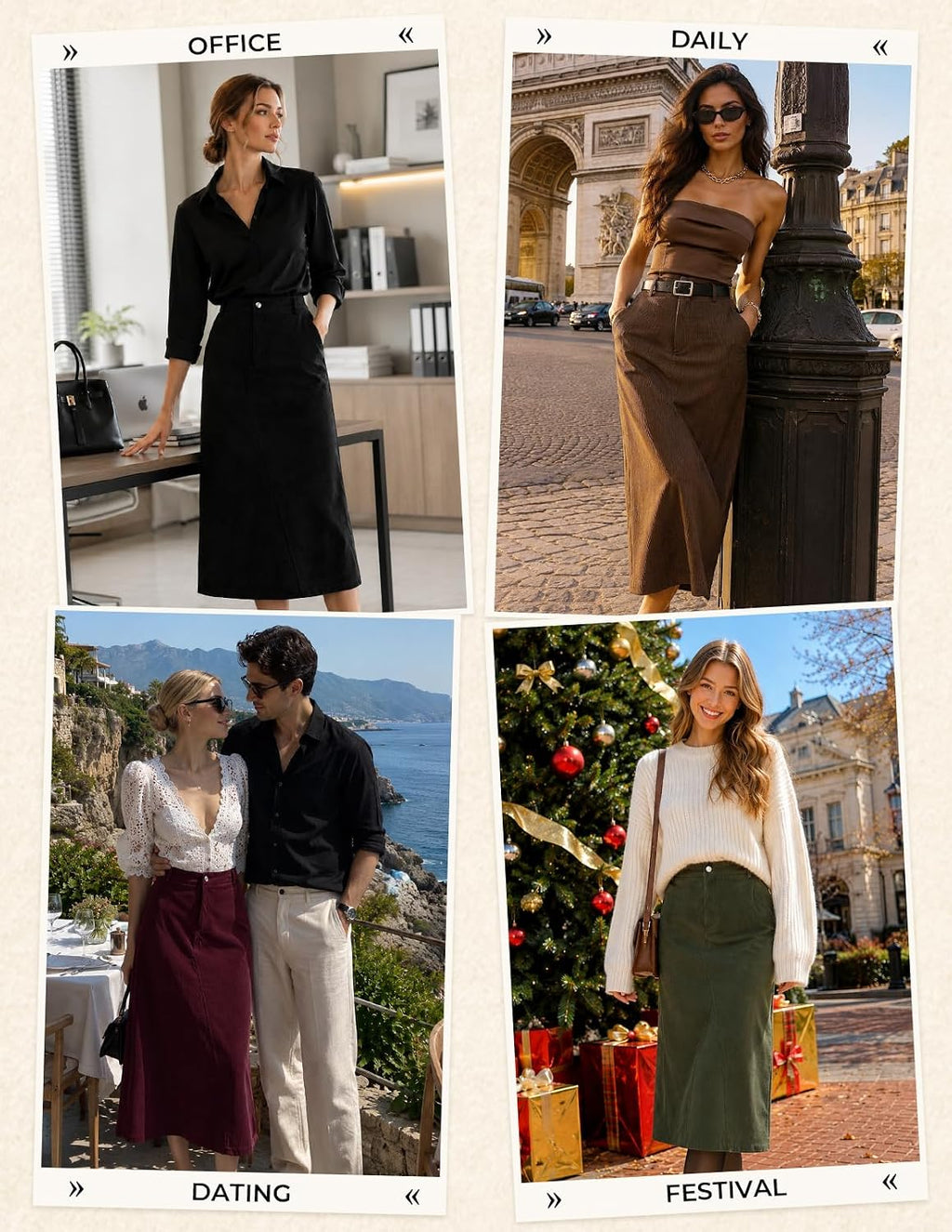 Kate Kasin Women Corduroy Midi Skirts, Fall High Waist Skirt with Pockets