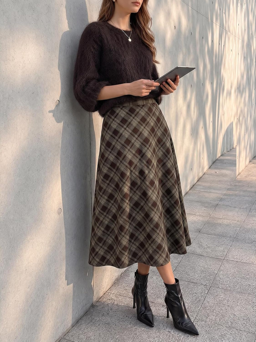 Tankaneo Womens Plaid Long Skirts Elastic Waist A-line Maxi Skirt 2026