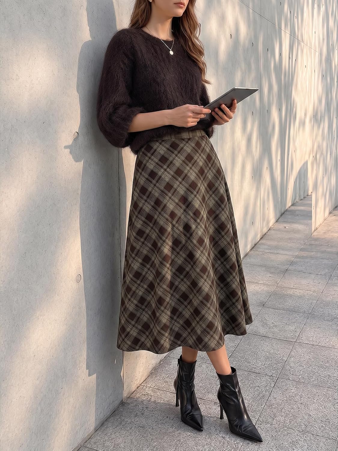 Tankaneo Womens Plaid Long Skirts Elastic Waist A-line Maxi Skirt 2026