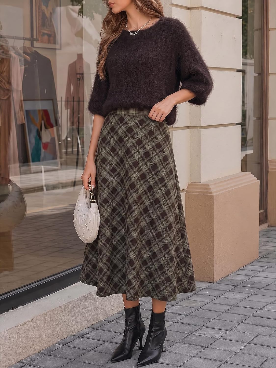 Tankaneo Womens Plaid Long Skirts Elastic Waist A-line Maxi Skirt 2026