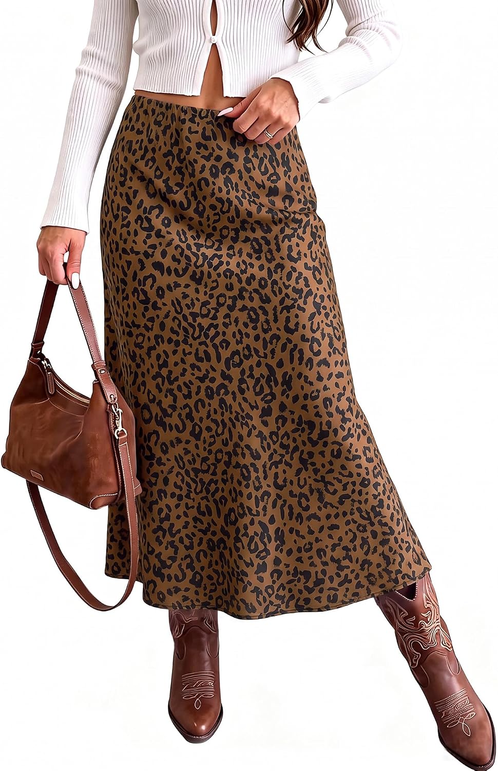 luvamia Women Satin Skirt Leopard Print Maxi Long Stretchy Elastic Skirts