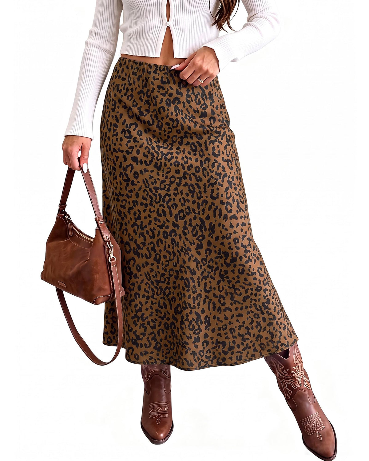 luvamia Women Satin Skirt Leopard Print Maxi Long Stretchy Elastic Skirts