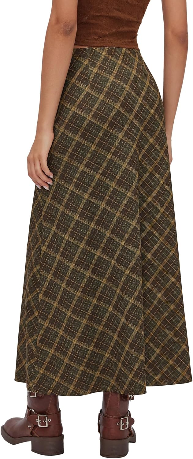 CIDER Womens Plaid Maxi Skirt A Line Pleated Gingham