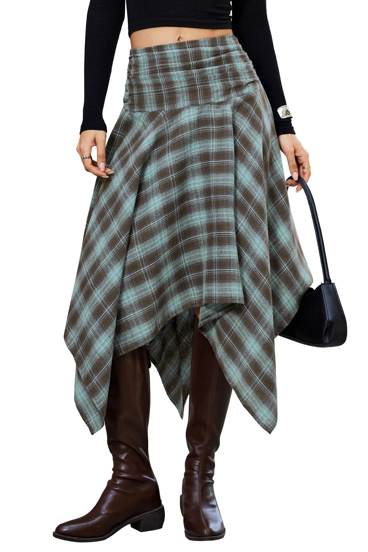 Bsubseach Women Asymmetrical Plaid Midi Skirt Y2k Handkerchief Fall Skirt