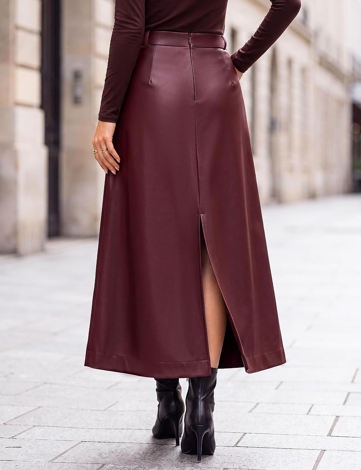 Blooming Jelly Womens Faux Leather Midi Skirt High Waisted A-Line Back Slit