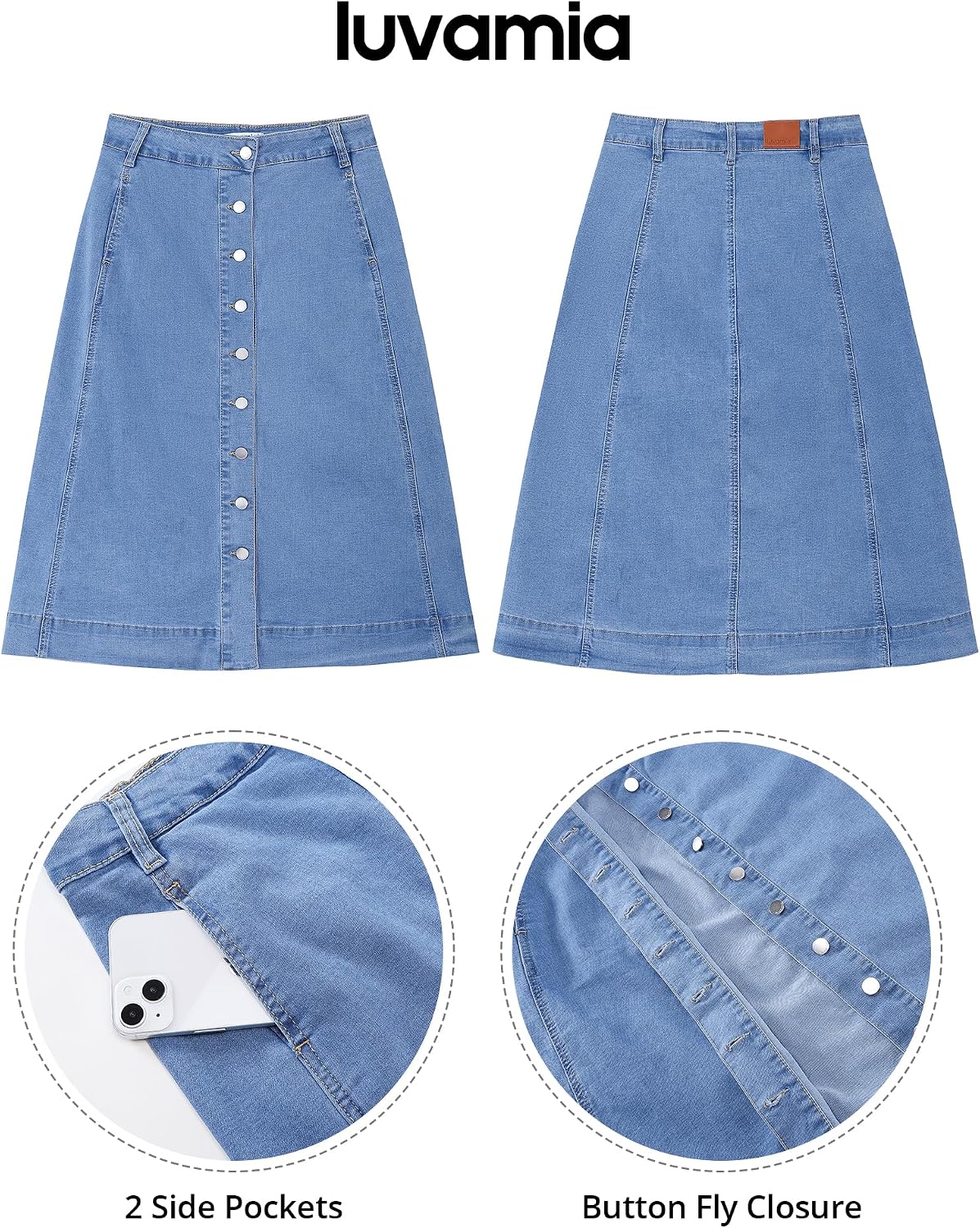 luvamia Jean Skirts for Women Trendy Midi Length A Line Western Casual Button Down Stretchy Denim Skirt with Pockets