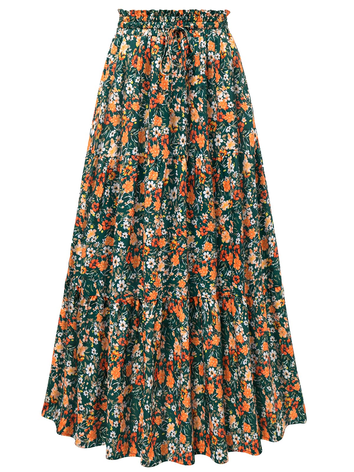 HUSKARY Women's Summer Long Maxi Flowy Tiered High Waist Trendy Ruffle Skirt with Pockets