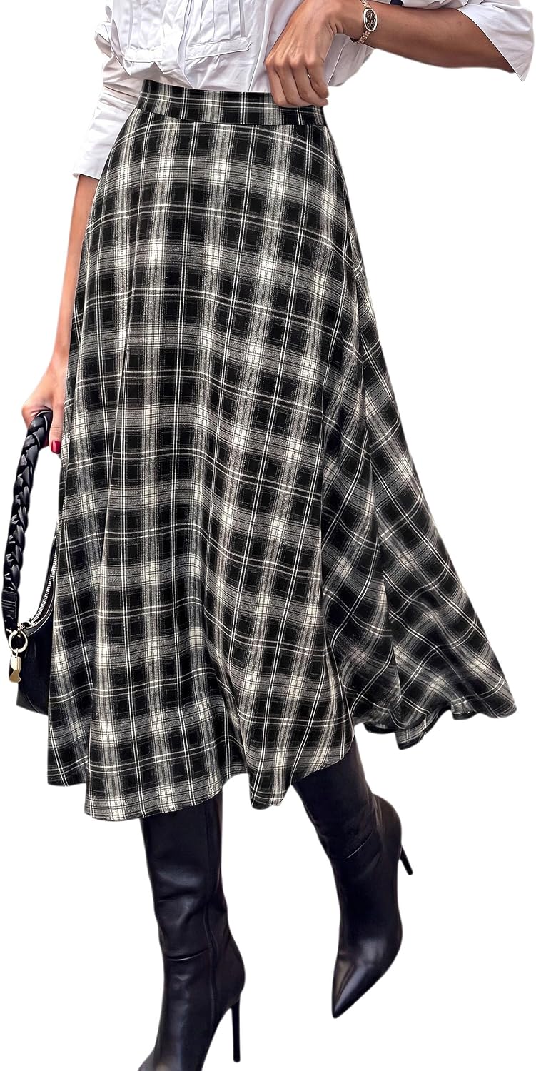 PRETTYGARDEN Women's Plaid High Waisted A-Line Midi Skirts
